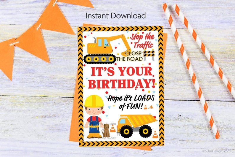 Construction Birthday Card, Instant Download, Digital Card for Little ...