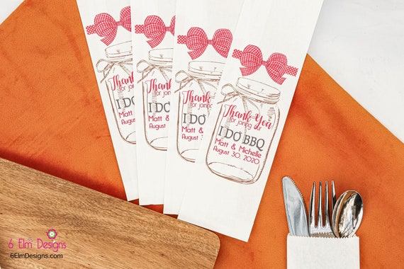 I Do BBQ White Bags with Red Check Ribbon Wedding or Engagement Party Silverware Utensil Flatware Bags Il_570xn