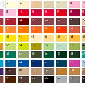 May include: A color chart with 100 different shades of paint, numbered from 1 to 100. The colors range from white to black, with shades of red, orange, yellow, green, blue, purple, brown, and gray.