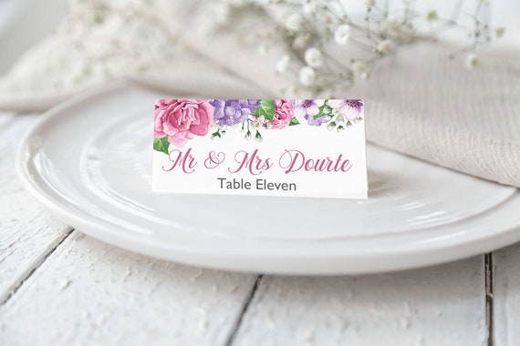 Romantic Flowers Seating Cards Template Digital Download - Editable Printable Escort Card Download - Pink Roses, Purple Hydrangas Florals Il_570xn