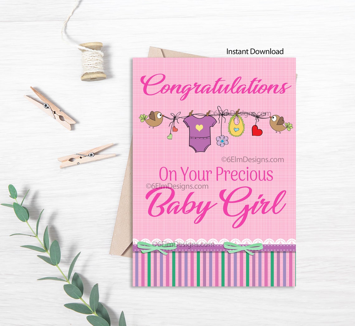 Printable Baby Girl Greeting Card Congratulations New Baby | Etsy