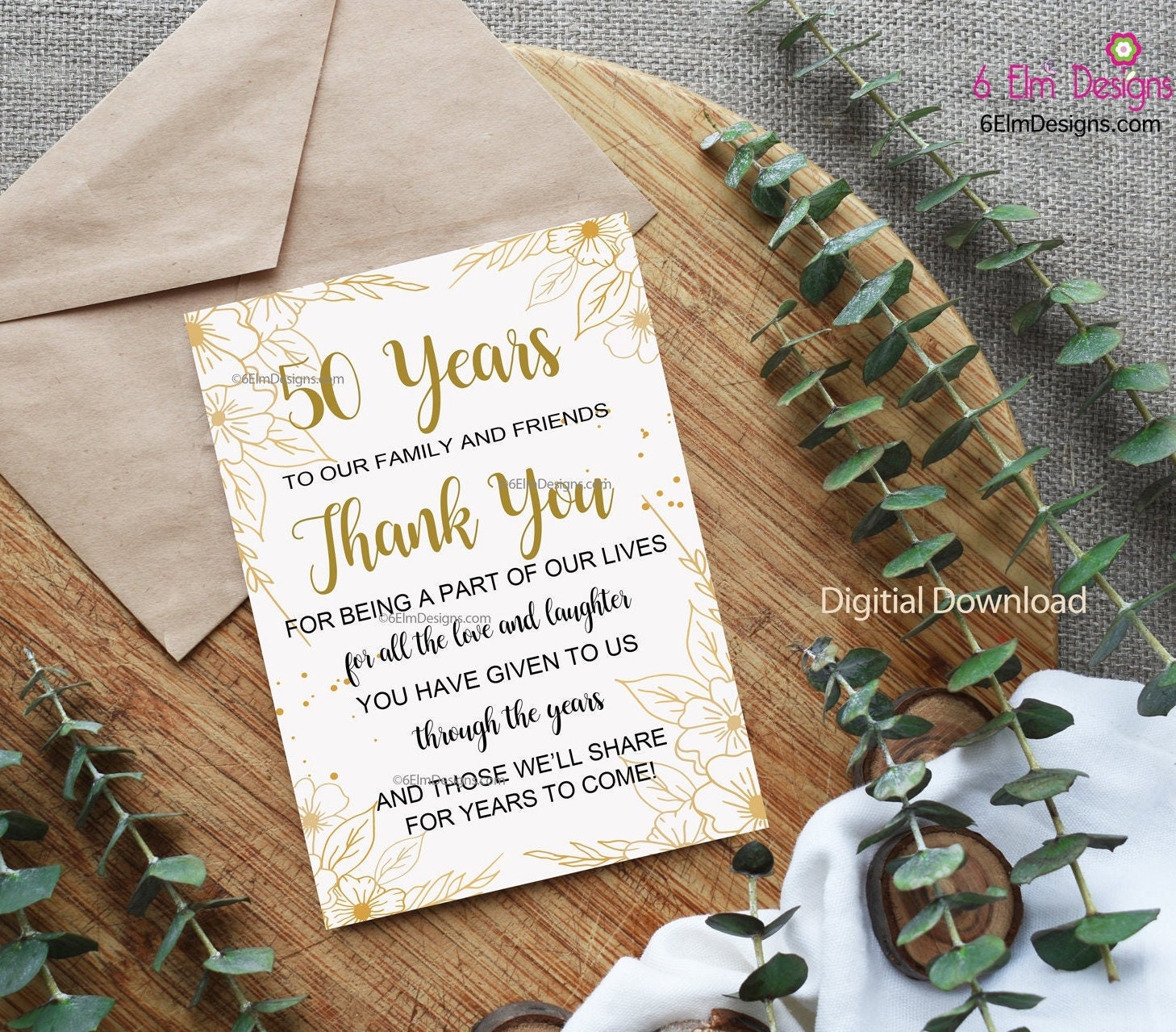 50th Anniversary Thank You Card, Instant Download, Digital