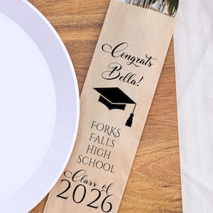 Class of 2026 Personalized Graduation Party Silverware Utensil Flatware Bags Pouches, School Name and Graduates Name, Kraft Paper