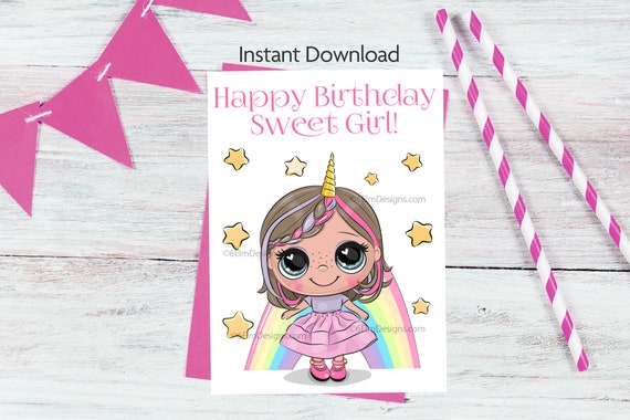 Printable Happy Birthday Greeting Card for a Sweet Girl, Unicorn Headband, Granddaughter Birthday Il_570xn