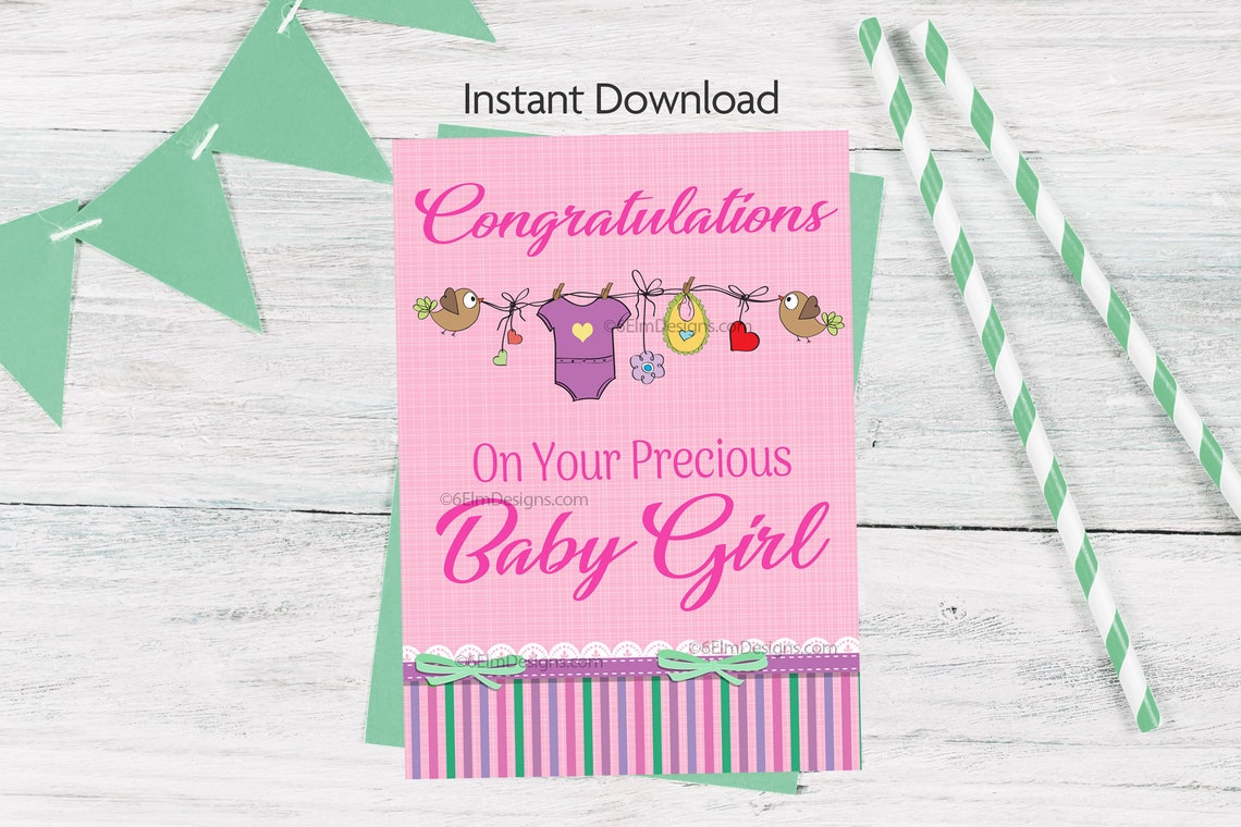 Printable Baby Girl Greeting Card Congratulations New Baby - Etsy