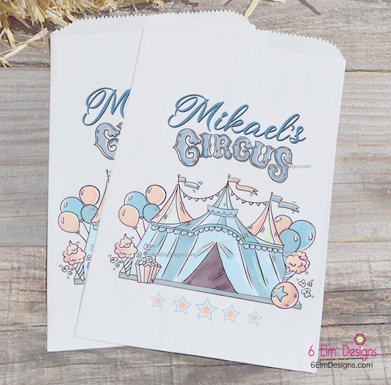 Boys Pastel Blue Circus Tent Carnival Party Favor Bags | Circus Party Favors, Popcorn Bags, Carnival Birthday, Boys Circus Il_570xn