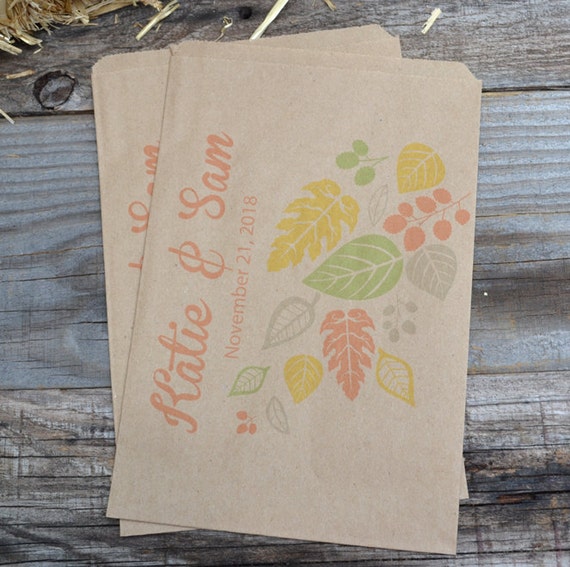 Fall Leaves Personalized Brown Paper Wedding Favor Bags Rustic