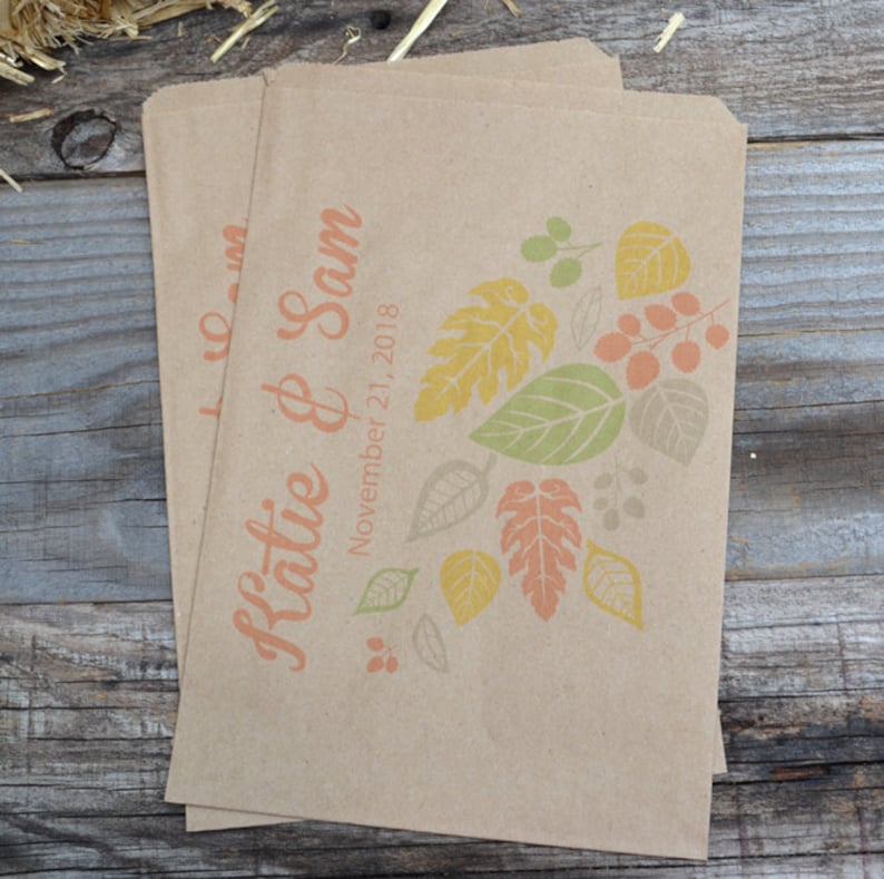 Rustic Fall Wedding Bags Autumn Wedding Bags Fall Leaves Personalized Brown Paper Wedding Favor Bags Fall Wedding Candy Bar Bags