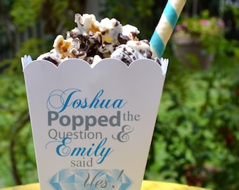 Personalized Engagement Popped the Question Popcorn Favor Boxes: Diamond Ring Design