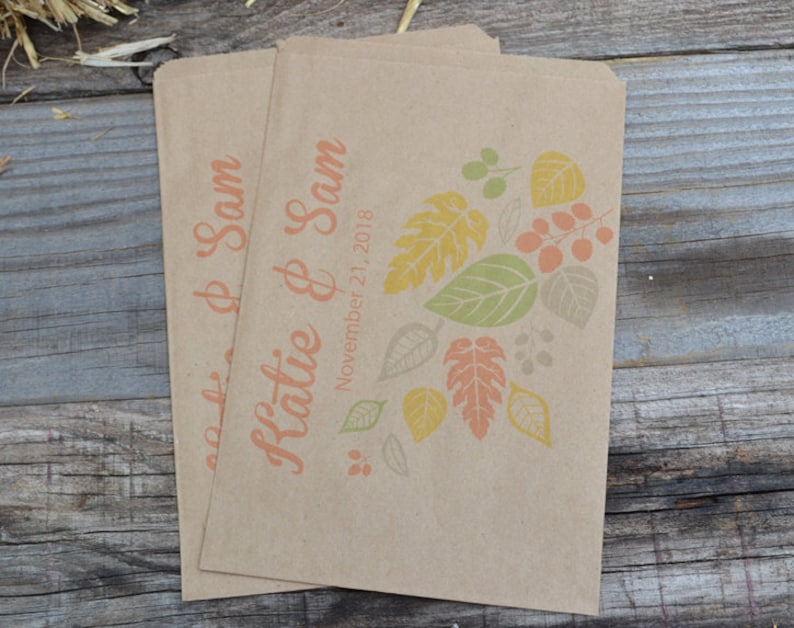 Rustic Fall Wedding Bags Autumn Wedding Bags Fall Leaves Personalized Brown Paper Wedding Favor Bags Fall Wedding Candy Bar Bags
