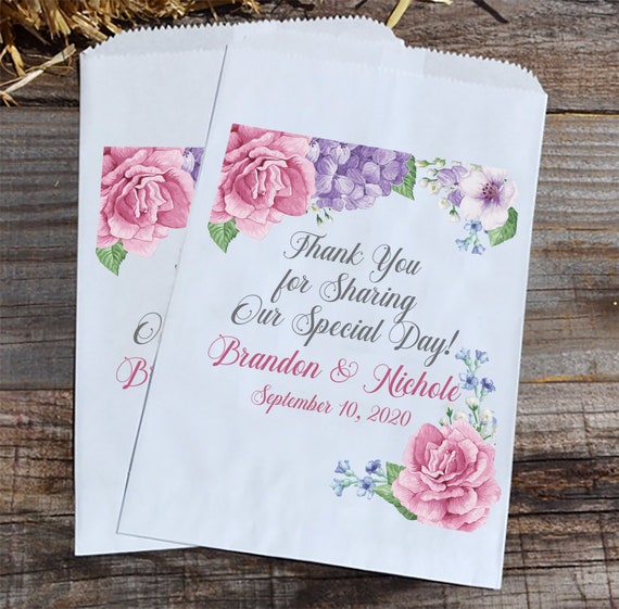 Floral Personalized Wedding Favor Bags - Romantic Wedding Candy Bar - Roses Hydrangea Flower Favor Bags for Spring Weddings Il_570xn
