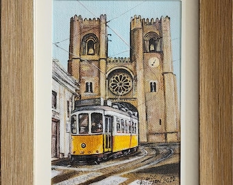 Lisbon Yellow Tram 28, Original acrylic painting of Metropolitan Cathedral of Lisbon, (Sé de Lisboa), Tram 28, Alfama, Lisbon, Portugal