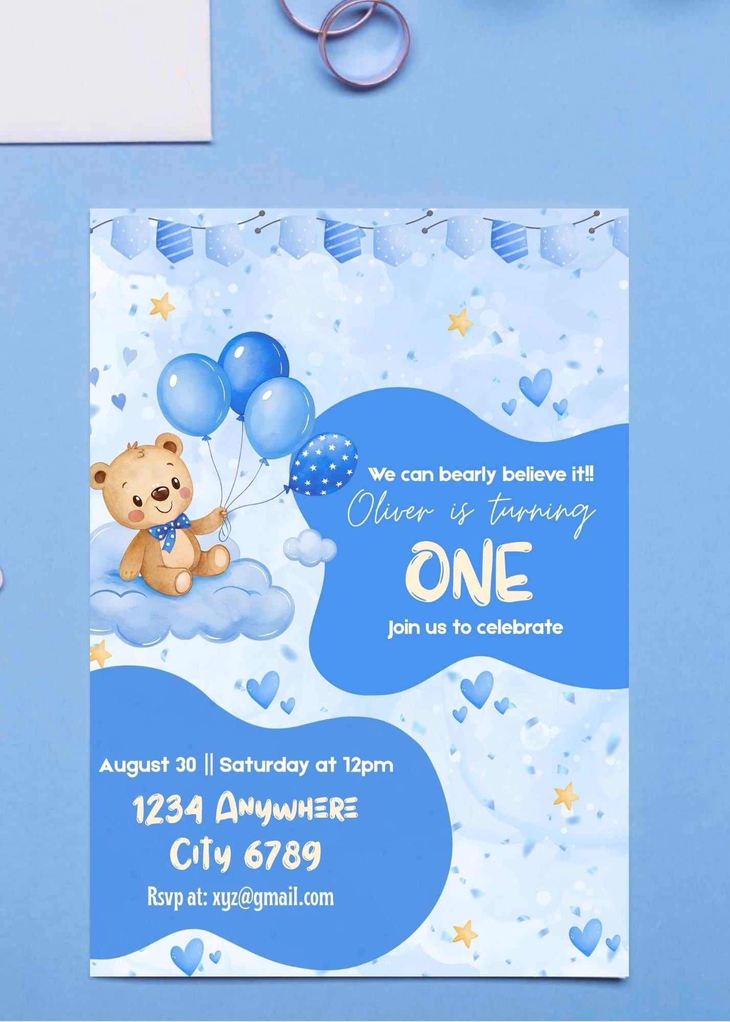 Teddy Bear Birthday Invitation: Blue Theme for Boy (editable Canva ...