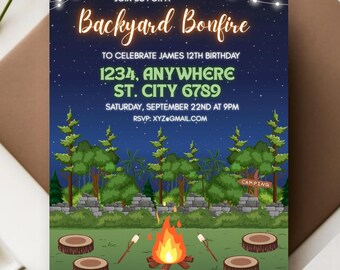 Backyard Bonfire Birthday Invitation: Rustic Campfire (Editable Canva Template)