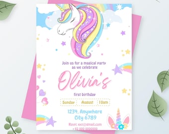 Unicorn Invite, Magical First Party, Girl Invite, Rainbow, Printable or Digital