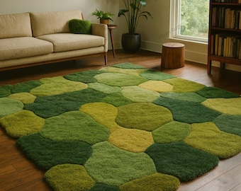 Hand Tufted Wool Rug: Moss Green Organic Design, 7x10 Feet