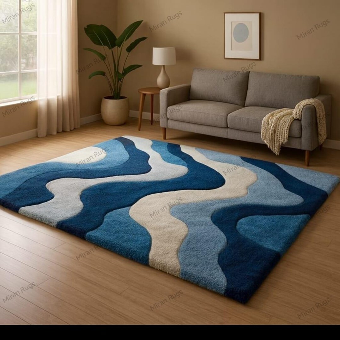 Hand-tufted . Modern Abstract Blue Hand Tufted Wool Rug Contemporary ...