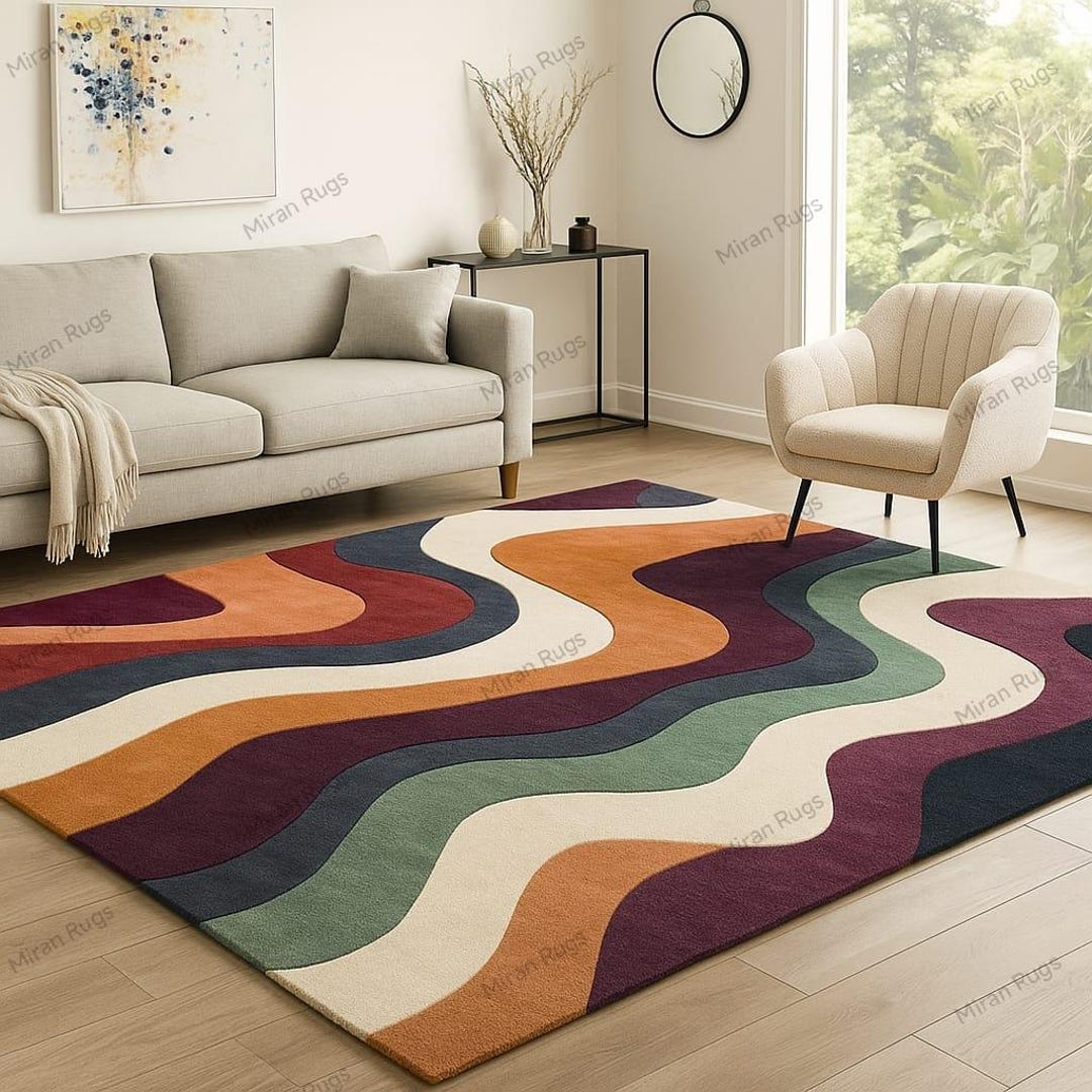 Trendy Rug Pattern Hand-tufted Vibrant Modern Wave Pattern Wool Rug For| Multicolor ...