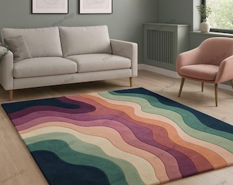 Hand-Tufted Vibrant Modern Wave Pattern Area Rugs Featuring Multicolour Abstract Flowing Lines 9x12 Feet