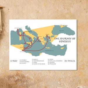May include: A map illustrating "The Journey of Odysseus" with a teal and yellow color scheme. The map shows a red route through the Mediterranean Sea, with numbered locations like Troy and Ithaca. Text on the map includes place names and the title.