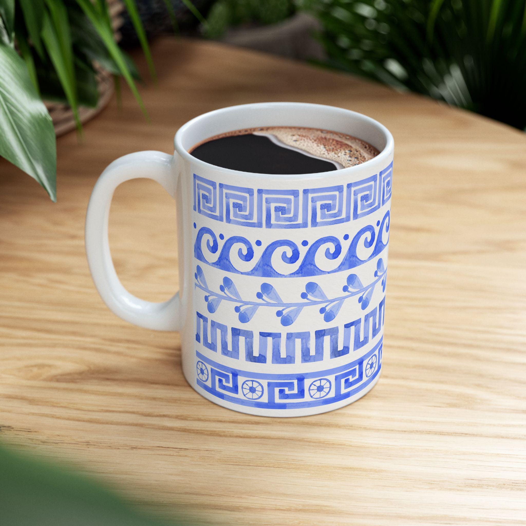 Greek Key Mug Meander Pattern Blue Ancient Greece Ceramic Coffee Cup ...