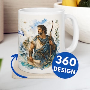 May include: White ceramic mug with a watercolour illustration of a man in classical dress holding a bow and scroll. The mug has the word "Odysseus" and the text "360 DESIGN" in a blue circle.