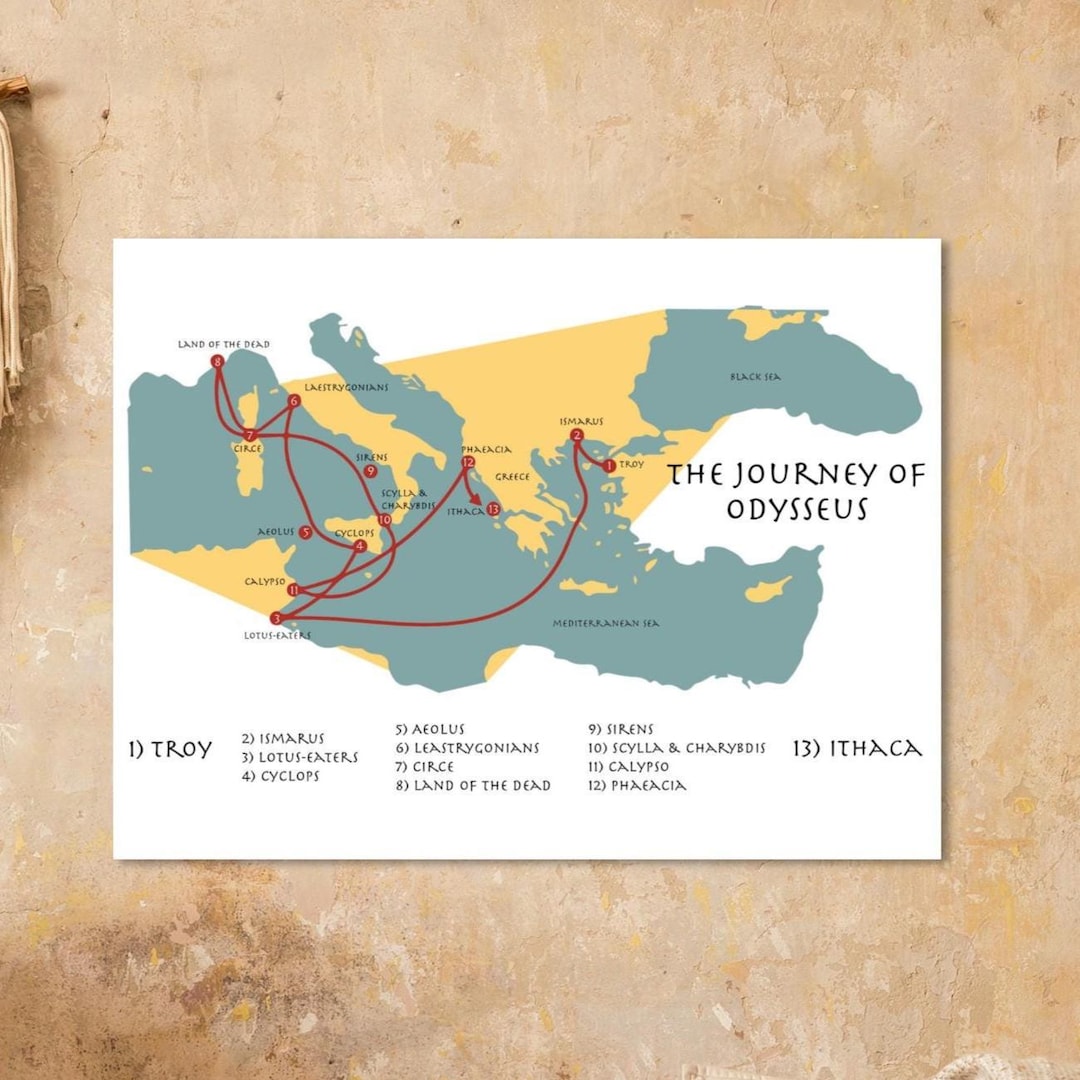 Odysseus Journey Map Poster Greek Mythology Wall Art Troy To Ithaca Il 7ccx 