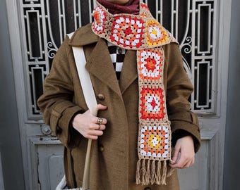 Granny Square Scarf, Crochet Scarf, Handmade Gift, Vintage Style, Boho Accessory, Winter Colorful Scarf