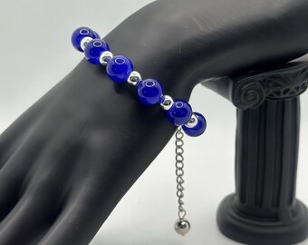 Bracelet fait main en perles de verre bleu cobalt, espaceurs en argent sterling