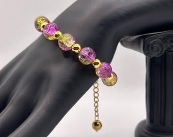Pulsera artesanal de cuentas de vidrio morado y verde, chapada en oro de 18k