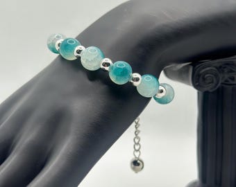 Bracelet en perles de verre fait main, perles de verre bleues et blanches, bijoux tendance, espaceurs en argent sterling