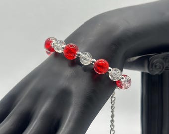 Christmas Red Glass Bead Bracelet, Sterling Silver, Handmade Jewelry Gift