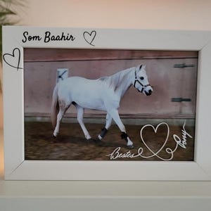 May include: A white framed print featuring a white horse with a black bridle and leg wraps. The print includes the text "Som Baahir" and "Bestes Pony" with heart illustrations. The background shows a stable setting.