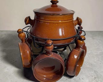 Vintage Nasco Bean Pot Flame Tureen Set French Onion Soup 6 Bowls Fondue Set