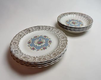 4 American Limoges Dinner Plates & Soup Bowls 22k Gold Filigree