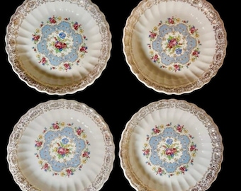 4 Limoges Lyric Soup Bowls Gold Trim Floral Designs Vintage Dinnerware 7 7/8”