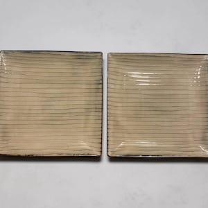 May include: Two square plates with a beige background and thin, horizontal black lines. The plates have a glossy finish and dark brown edges. The plates are side by side on a white surface.