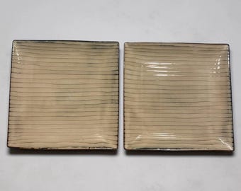 2 Threshold Bamboo Square Dinner Plates 10 1/2’’ Tan Brown Lines Stoneware