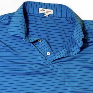 May include: A blue polo shirt with black horizontal stripes. The shirt has a collared neckline and a three-button placket. The Peter Millar brand label is visible on the collar.