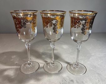 3 Wine Glasses Embellished 24K Gold Crystal Lorren Home Trends Made In Italy