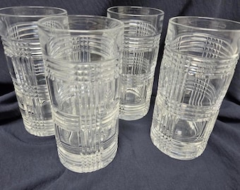 Set of 4 Clear Crystal Highball Glasses Glen Plaid Pattern Crystal 5 1/2”