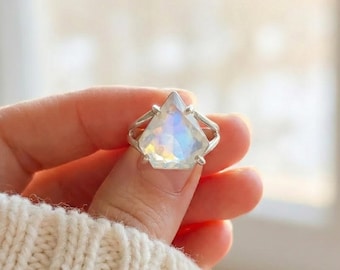 Angel Aura Ring Rainbow Iridescent Quartz 925 Sterling Silver Ring Boho Crystal Jewelry