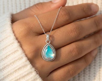 Ciondolo a goccia in quarzo Angel Aura, collana in argento sterling 925, gioielli in cristallo iridescente, ciondolo fatto a mano, regalo boho per lei