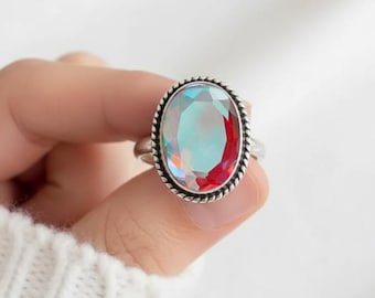 Handmade Angel Aura Quartz Ring, Rainbow Mystic Topaz, Sterling Silver