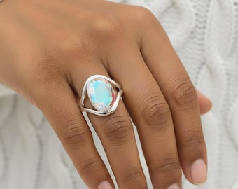 Bague en quartz ovale faite main avec aura d'ange : bijoux bohèmes en argent sterling 925