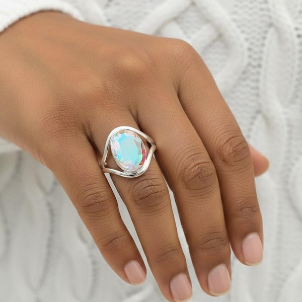 Handmade Oval Angel Aura Quartz Ring: 925 Sterling Silver Boho Jewelry