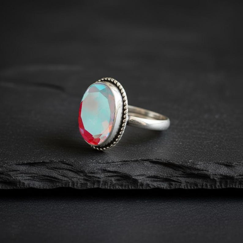 Luxury Mystic Topaz Ring - Solid Sterling Silver Bezel Setting with Twisted Rope Border - Genuine Oval Multi-Tone Crystal Ring - Hand Finished Fine Jewelry for Women - Exclusive Designer Style - Gift for Her - Mother's Day, Anniversary, Birthday - Unique and Powerful Statement Piece - Natural Stone Beauty with Iridescent Coating - Adjustable or Standard Size Available - Ready to Gift - Elevate Your Collection with This Rare and Captivating Gem