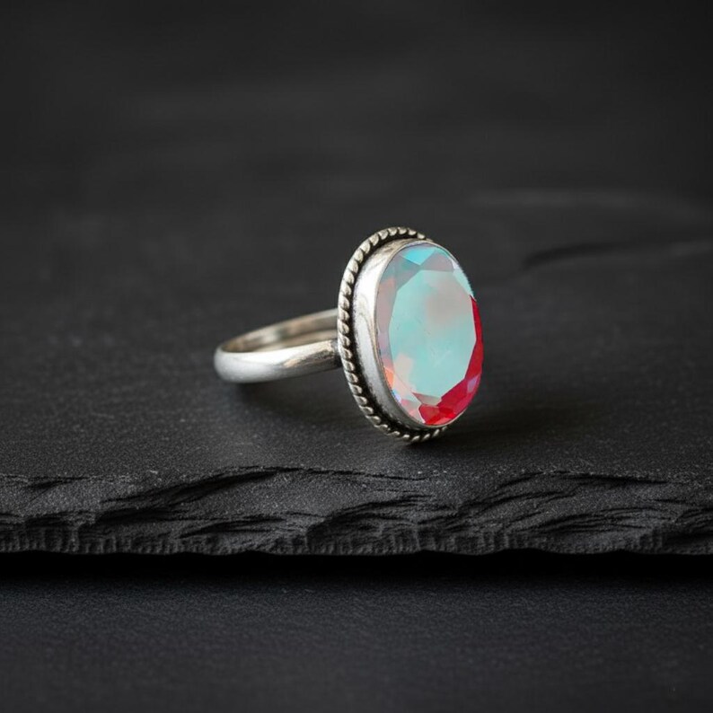 Luxury Mystic Topaz Ring - Solid Sterling Silver Bezel Setting with Twisted Rope Border - Genuine Oval Multi-Tone Crystal Ring - Hand Finished Fine Jewelry for Women - Exclusive Designer Style - Gift for Her - Mother's Day, Anniversary, Birthday - Unique and Powerful Statement Piece - Natural Stone Beauty with Iridescent Coating - Adjustable or Standard Size Available - Ready to Gift - Elevate Your Collection with This Rare and Captivating Gem