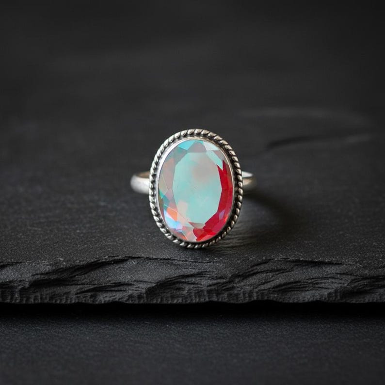 Luxury Mystic Topaz Ring - Solid Sterling Silver Bezel Setting with Twisted Rope Border - Genuine Oval Multi-Tone Crystal Ring - Hand Finished Fine Jewelry for Women - Exclusive Designer Style - Gift for Her - Mother's Day, Anniversary, Birthday - Unique and Powerful Statement Piece - Natural Stone Beauty with Iridescent Coating - Adjustable or Standard Size Available - Ready to Gift - Elevate Your Collection with This Rare and Captivating Gem