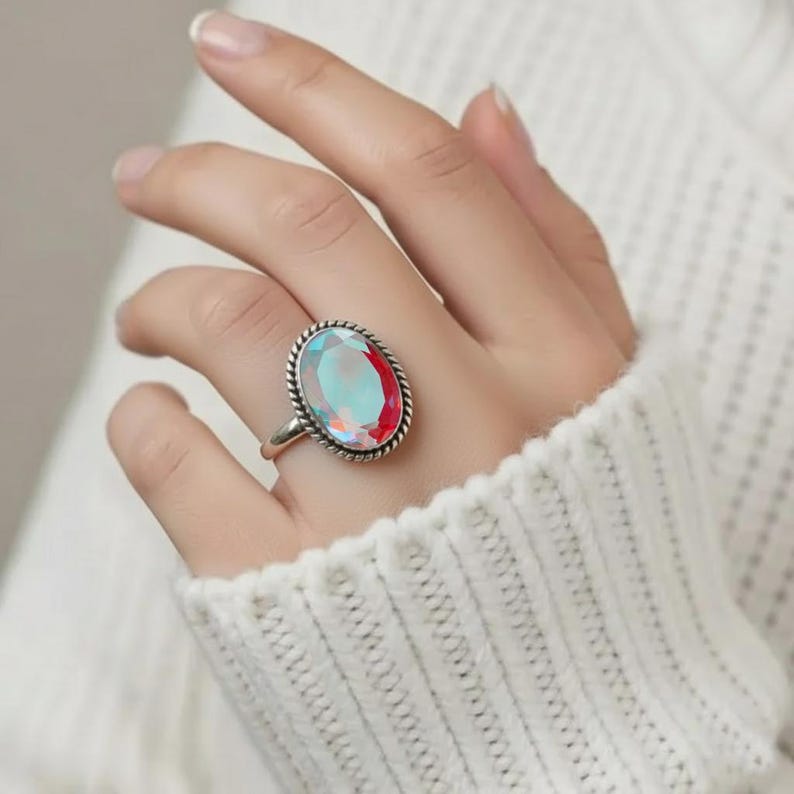 Luxury Mystic Topaz Ring - Solid Sterling Silver Bezel Setting with Twisted Rope Border - Genuine Oval Multi-Tone Crystal Ring - Hand Finished Fine Jewelry for Women - Exclusive Designer Style - Gift for Her - Mother's Day, Anniversary, Birthday - Unique and Powerful Statement Piece - Natural Stone Beauty with Iridescent Coating - Adjustable or Standard Size Available - Ready to Gift - Elevate Your Collection with This Rare and Captivating Gem